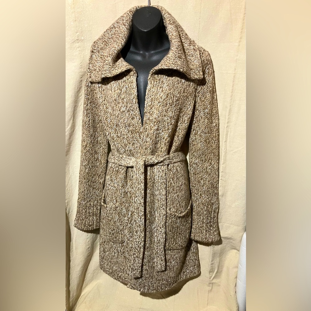Talbots long Tunic Cardigan Acrylic Wool Wrap Sweater Khaki Tan White Knit Small